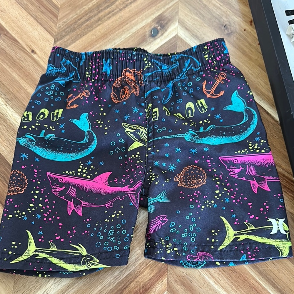 Hurley Black and Pink Shark Pattern Swim Shorts